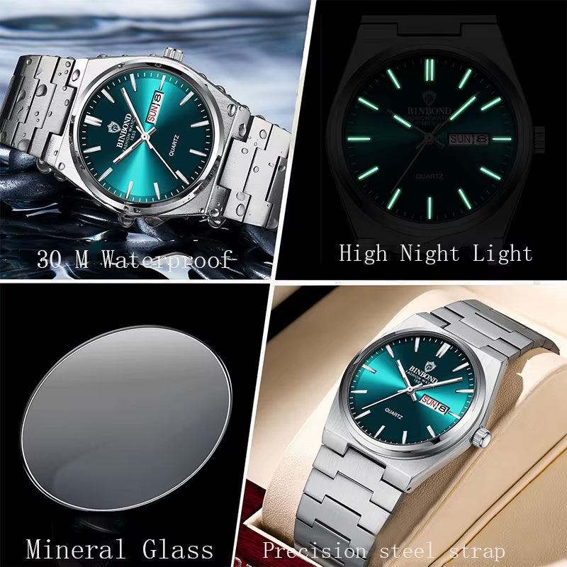 Fashion New Men Business Watch Leisure Quartz Stainless Steel Buckle Watches Waterproof Luminous Calendar Men'S Watches