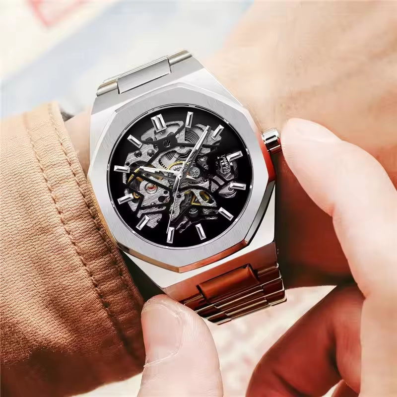 344D Fashion Skeleton Men'S Mechanical Watch Automatic Movement Pointer Night Light Steel Watch Advanced Men'S Clock