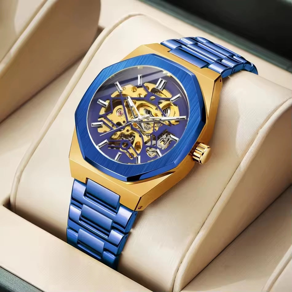 344D Fashion Skeleton Men'S Mechanical Watch Automatic Movement Pointer Night Light Steel Watch Advanced Men'S Clock