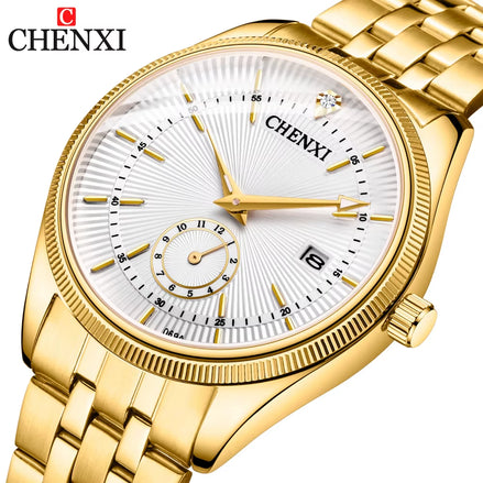 Fashion Couple Golden Watches Casual Men and Women Quartz Watch Stainless Steel Luminous Calendar Waterproof Wristwatch